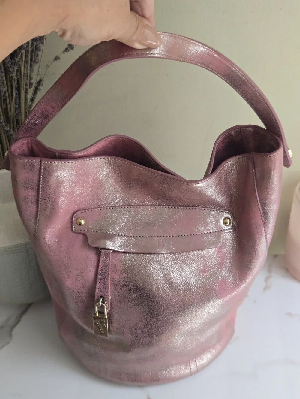 GUC Furla Pink Metallic Leather Hobo Bucket Bag With Strap